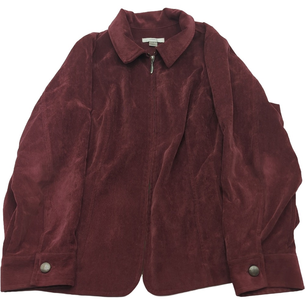 CJ Banks Burgundy Corduroy Zip Up Jacket Womens 1X Wine Red Elastic Back Cuffs